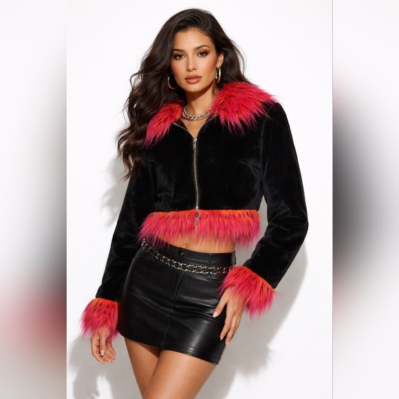 BN Blanc Noir Black Velvet Cropped Jacket with Faux Fur Trim Medium